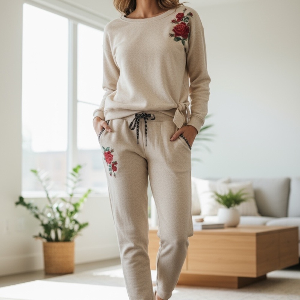 Muk Luks White Sweats Suit with Red Floral Design NWT